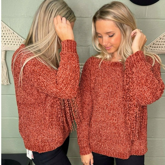 NWT BiBi Chenille Fringe Longsleeve Sweater Boho Western in Vintage Brick XL - Picture 2 of 14